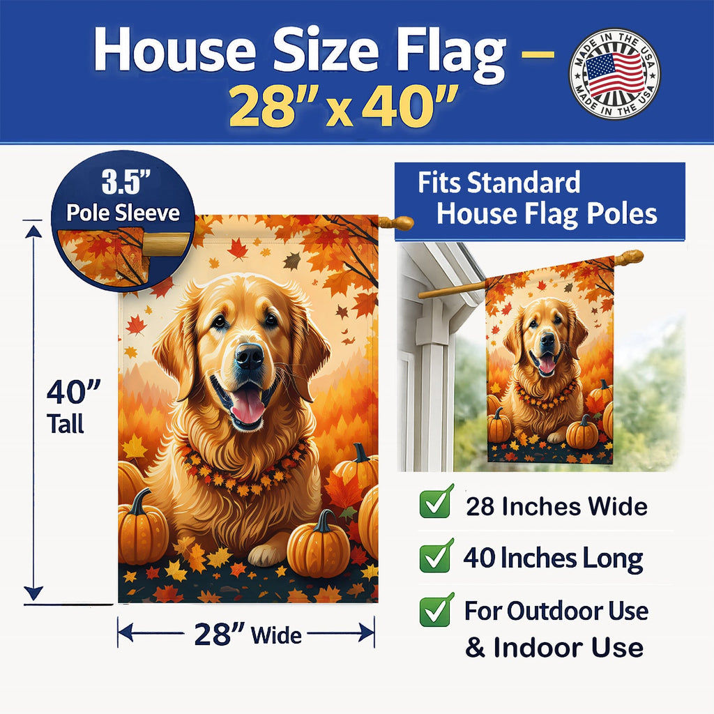 Golden Retriever Fall House Flag 28x40 Porch Sleeve Pole Decorative Outside Yard Banner Artwork Wall Hanging, Polyester
