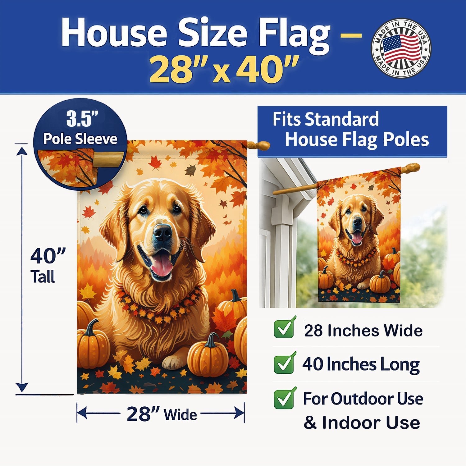 Golden Retriever Fall House Flag 28x40 Porch Sleeve Pole Decorative Outside Yard Banner Artwork Wall Hanging, Polyester