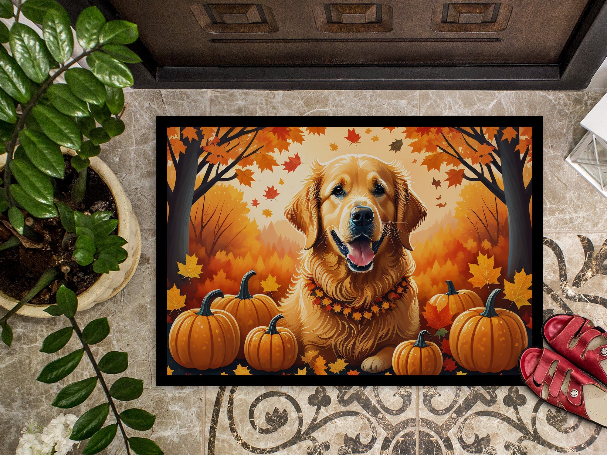 Golden Retriever Fall Doormat Indoor Outdoor 24H X 36W Front Door Mat Rugs for Entryway, Non Slip Washable Low Pile,