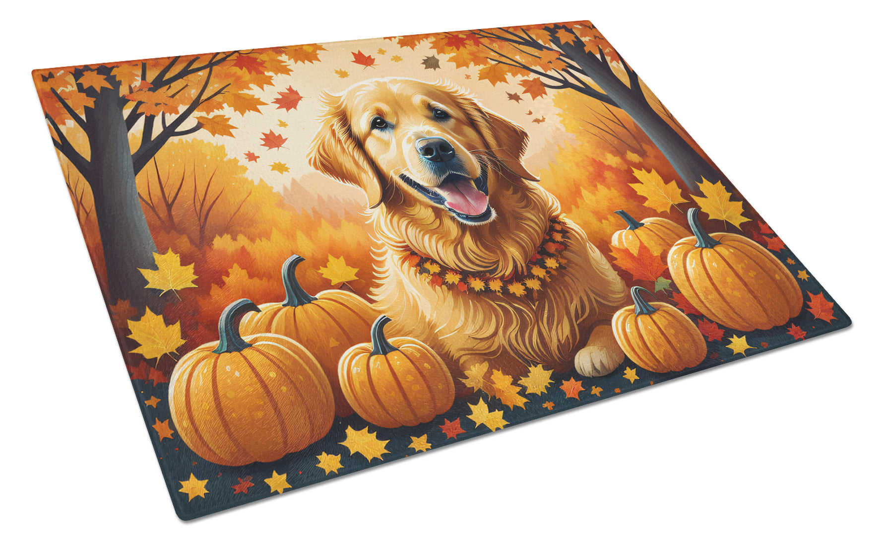 Golden Retriever Fall Cutting Board Tempered Glass Kitchen Cutting Surface, Heat Resistant Chopping, Non-Slip Feet, Food Prep & Serving