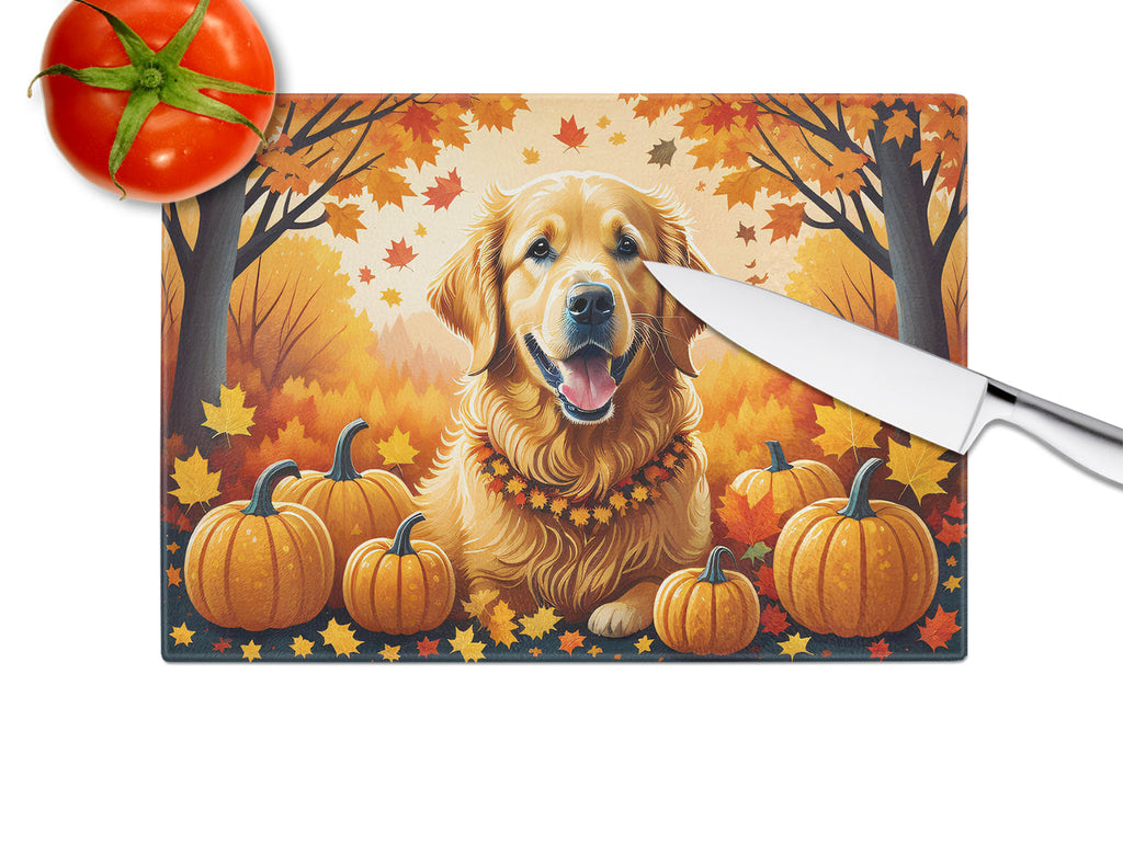 Golden Retriever Fall Cutting Board Tempered Glass Kitchen Cutting Surface, Heat Resistant Chopping, Non-Slip Feet, Food Prep & Serving