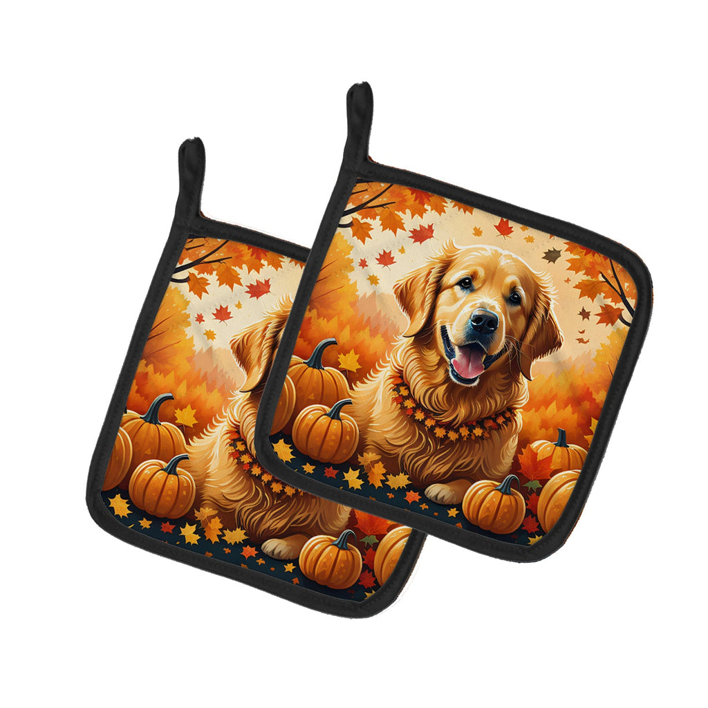 Golden Retriever Fall Pot Holder Set of 2 Heat Resistant Quilted Hot Pads 7.5 x 7.5 Inch, Insulated Kitchen Trivets for Cooking & Baking