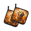Golden Retriever Fall Pot Holder Set of 2 Heat Resistant Quilted Hot Pads 7.5 x 7.5 Inch, Insulated Kitchen Trivets for Cooking & Baking
