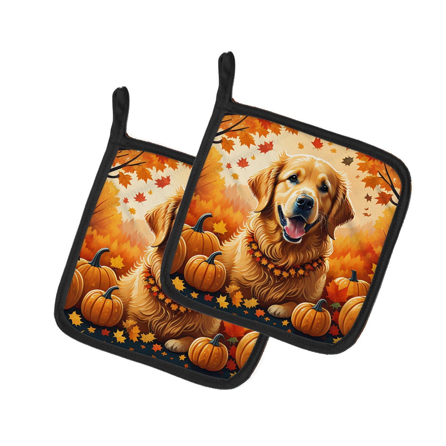 Golden Retriever Fall Pot Holder Set of 2 Heat Resistant Quilted Hot Pads 7.5 x 7.5 Inch, Insulated Kitchen Trivets for Cooking & Baking