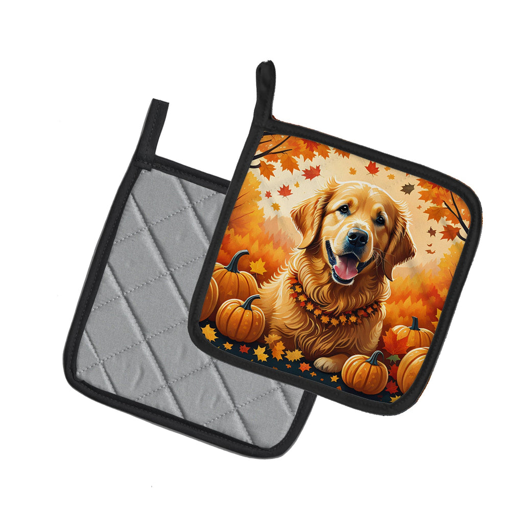 Golden Retriever Fall Pot Holder Set of 2 Heat Resistant Quilted Hot Pads 7.5 x 7.5 Inch, Insulated Kitchen Trivets for Cooking & Baking