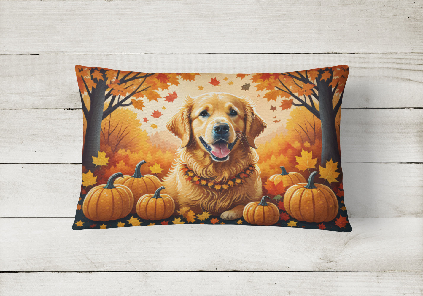 Golden Retriever Fall Decorative Throw Pillow 12x16 Indoor Outdoor Accent Cushion, Fabric Cover with Insert for Sofa, Bed, Porch & Living Room