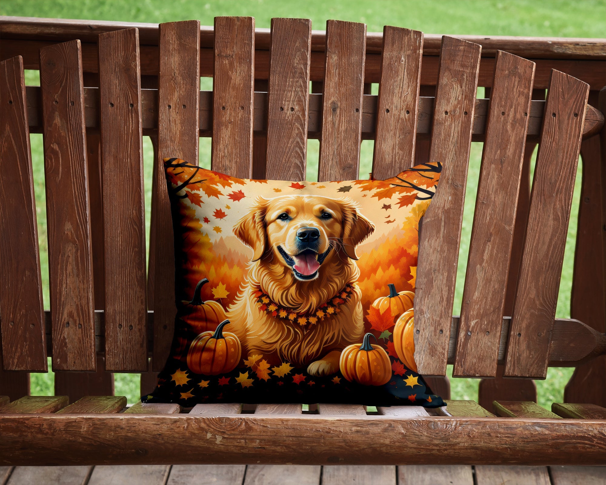 Golden Retriever Fall Decorative Throw Pillow 14x14 Indoor Outdoor Accent Cushion, Fabric Cover with Insert for Sofa, Bed, Porch & Living Room