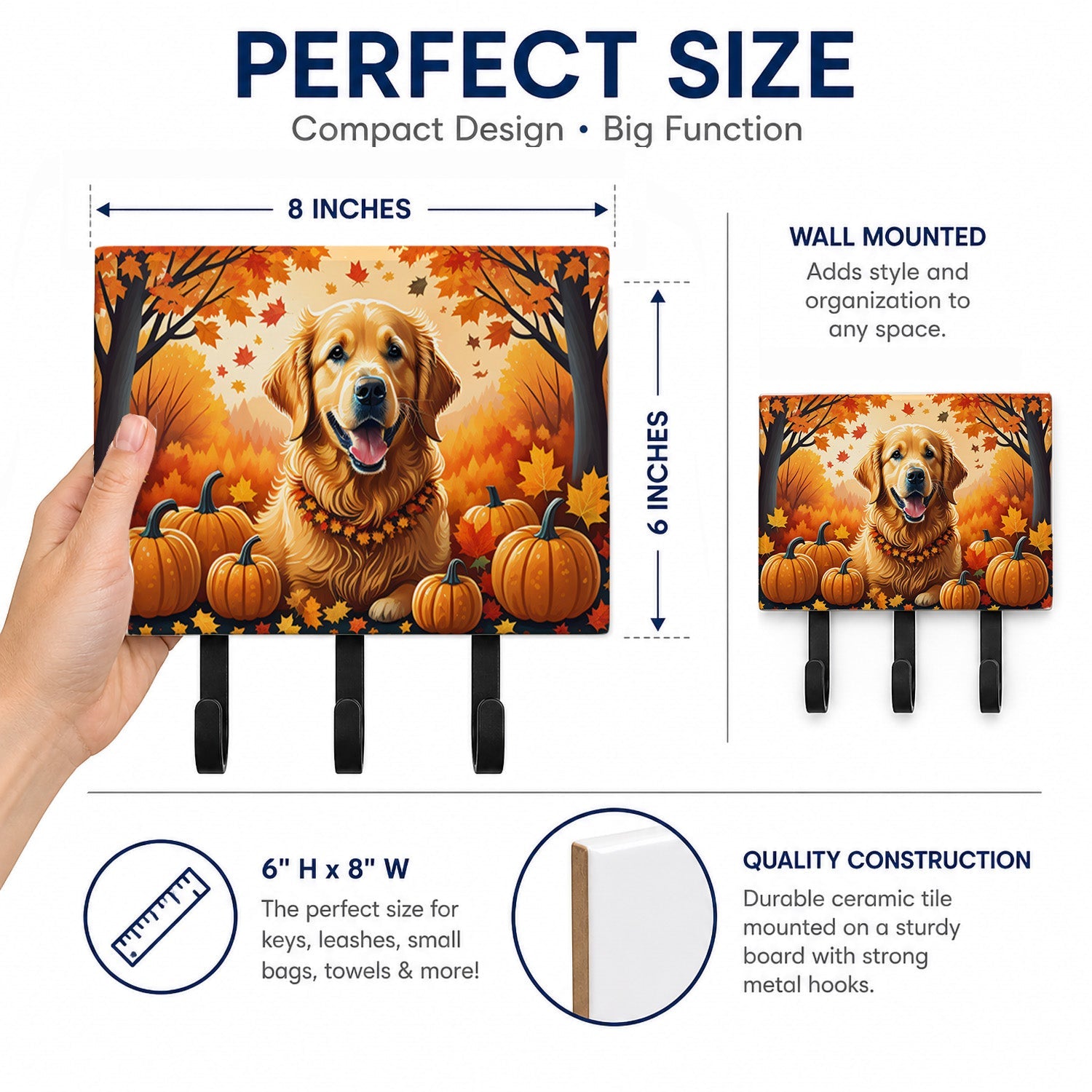 Golden Retriever Fall Leash or Key Holder Wall Hooks, Coat Rack Wall Mount, for Hanging Keys, Towels, Aprons, Leashes