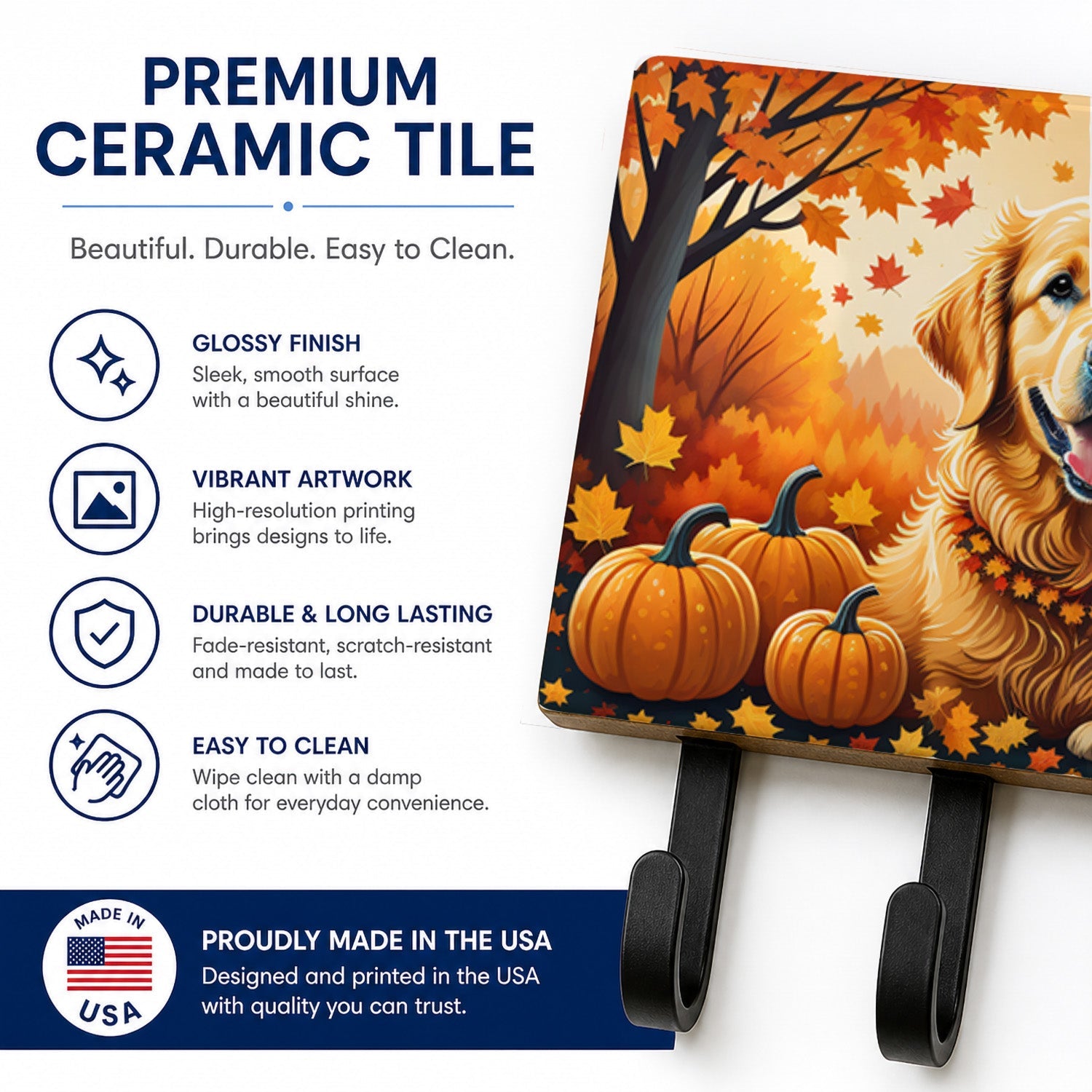 Golden Retriever Fall Leash or Key Holder Wall Hooks, Coat Rack Wall Mount, for Hanging Keys, Towels, Aprons, Leashes