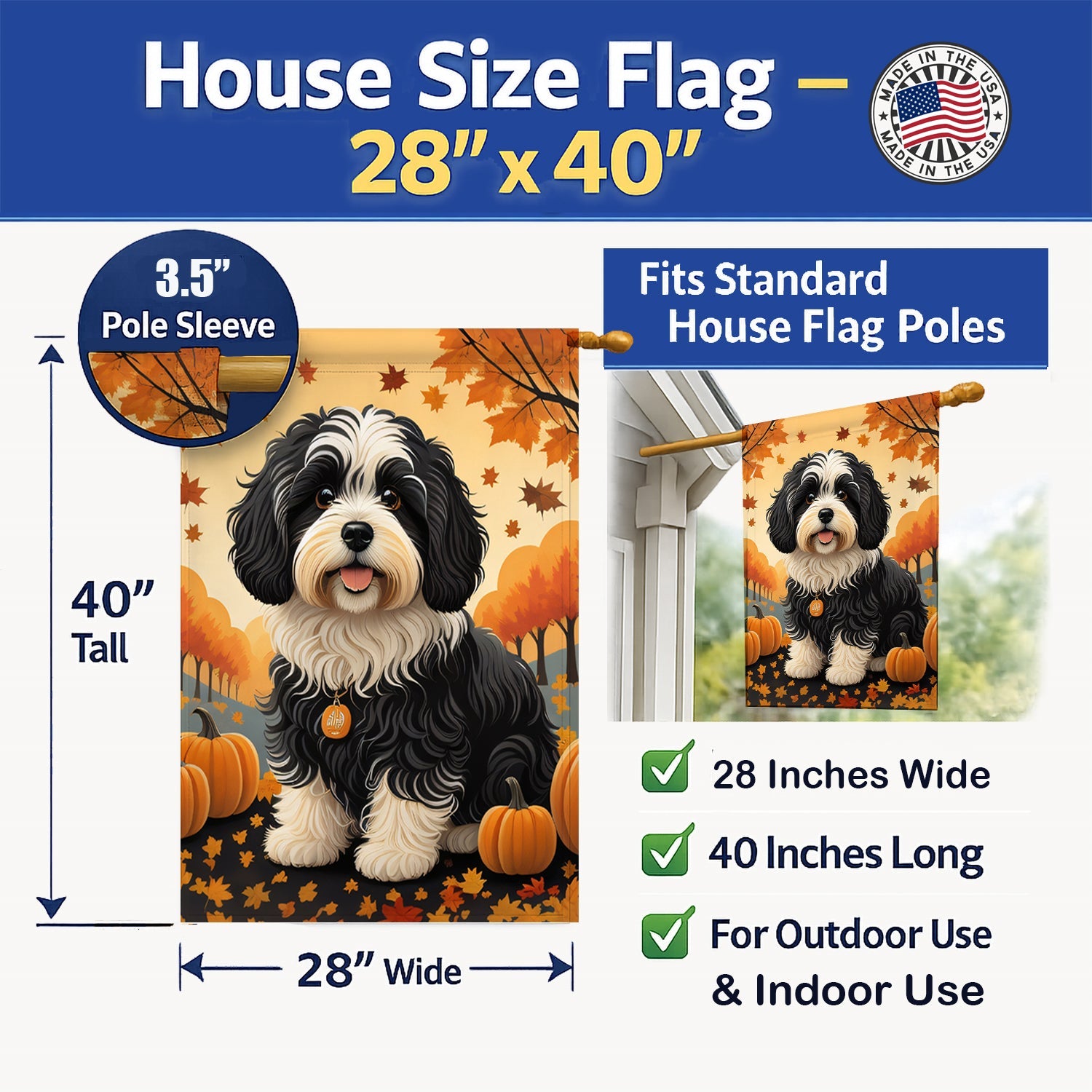 Havanese Fall House Flag 28x40 Porch Sleeve Pole Decorative Outside Yard Banner Artwork Wall Hanging, Polyester