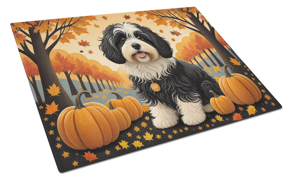 Havanese Fall Cutting Board Tempered Glass Kitchen Cutting Surface, Heat Resistant Chopping, Non-Slip Feet, Food Prep & Serving