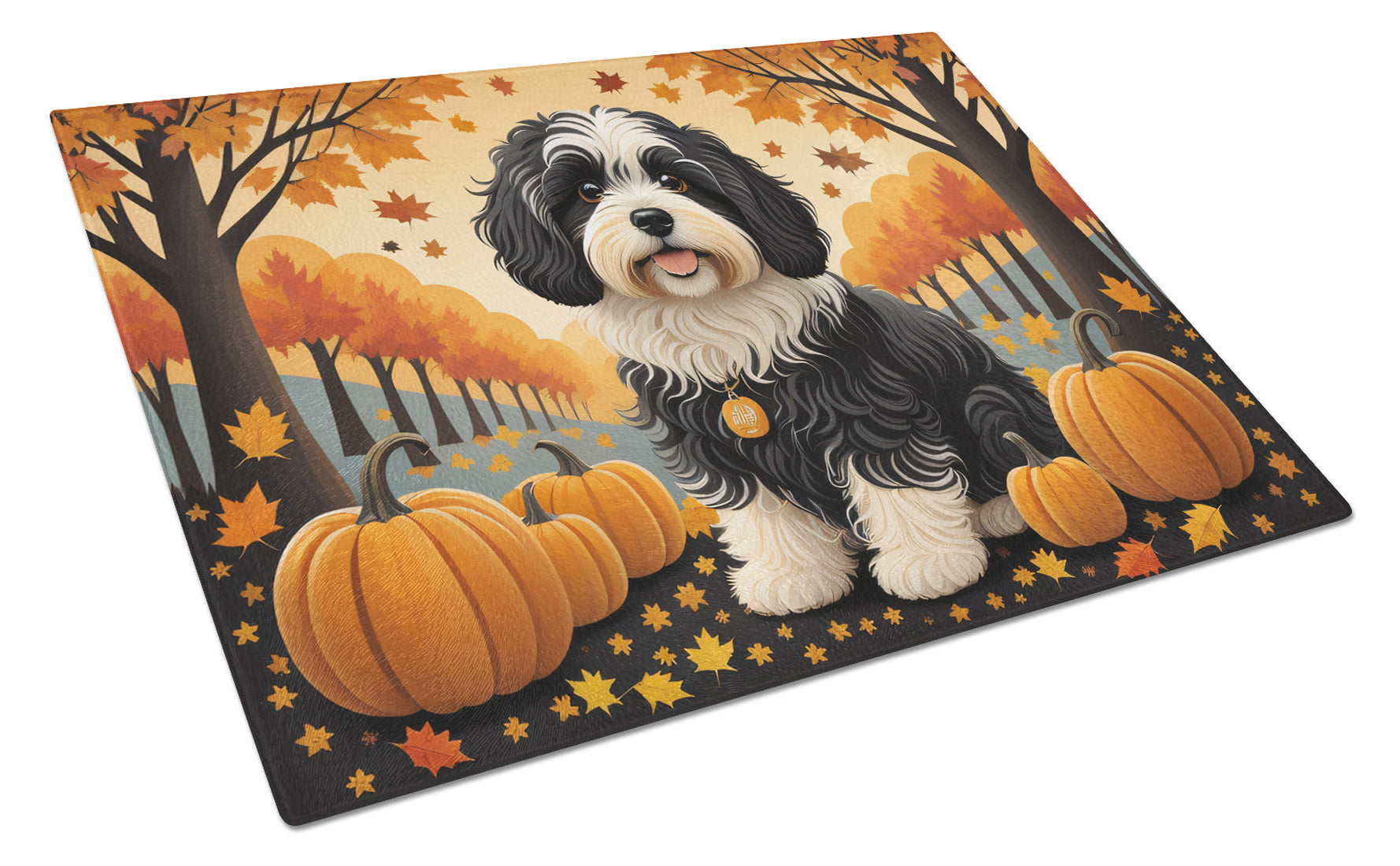 Havanese Fall Cutting Board Tempered Glass Kitchen Cutting Surface, Heat Resistant Chopping, Non-Slip Feet, Food Prep & Serving