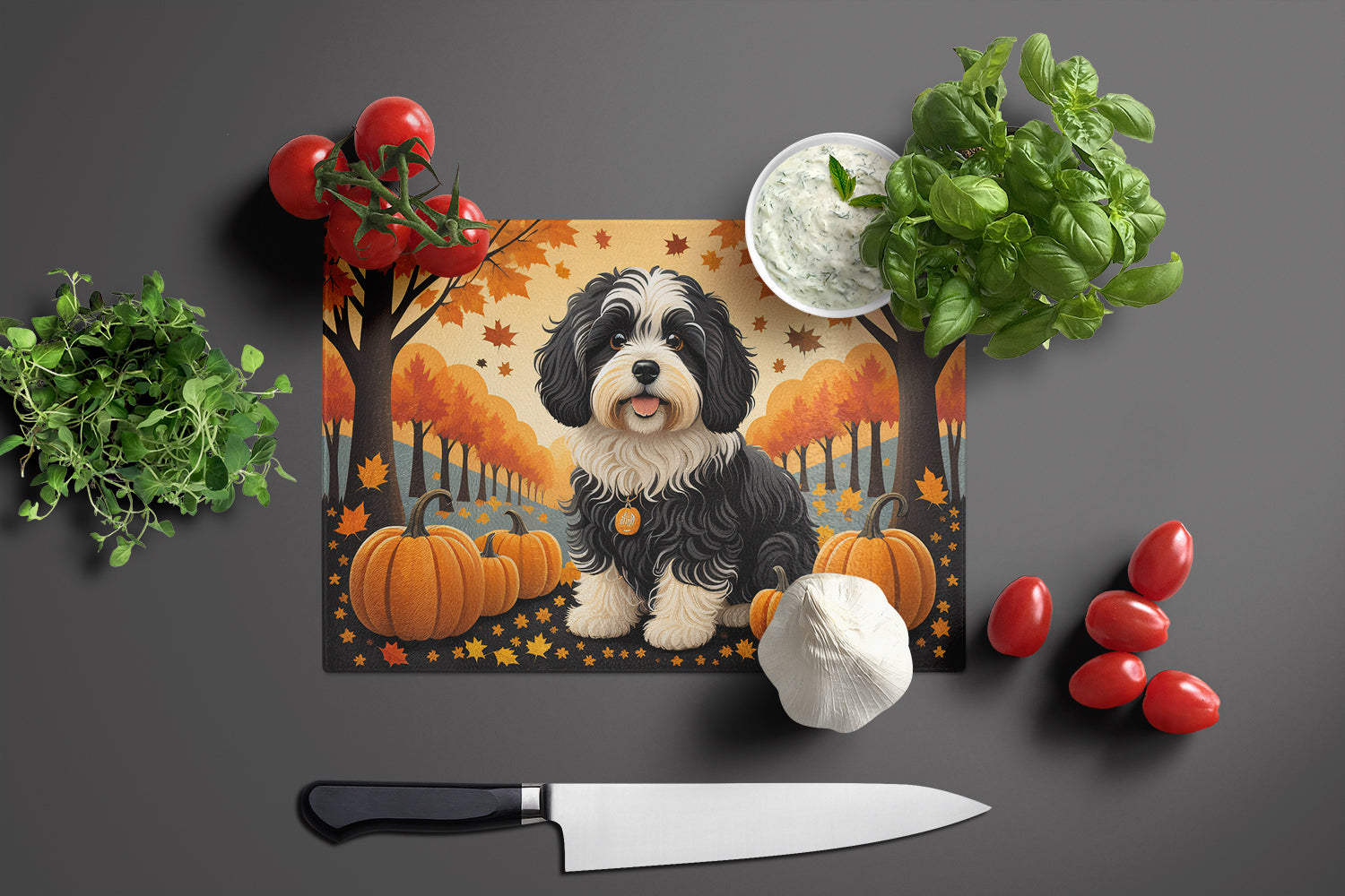 Havanese Fall Cutting Board Tempered Glass Kitchen Cutting Surface, Heat Resistant Chopping, Non-Slip Feet, Food Prep & Serving
