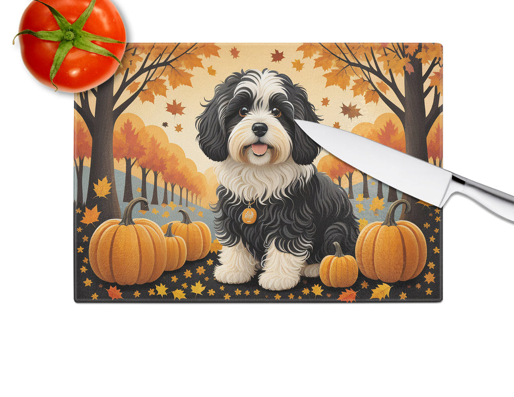 Havanese Fall Cutting Board Tempered Glass Kitchen Cutting Surface, Heat Resistant Chopping, Non-Slip Feet, Food Prep & Serving