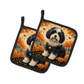 Havanese Fall Pot Holder Set of 2 Heat Resistant Quilted Hot Pads 7.5 x 7.5 Inch, Insulated Kitchen Trivets for Cooking & Baking
