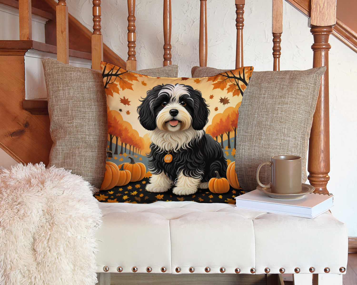Havanese Fall Decorative Throw Pillow 14x14 Indoor Outdoor Accent Cushion, Fabric Cover with Insert for Sofa, Bed, Porch & Living Room