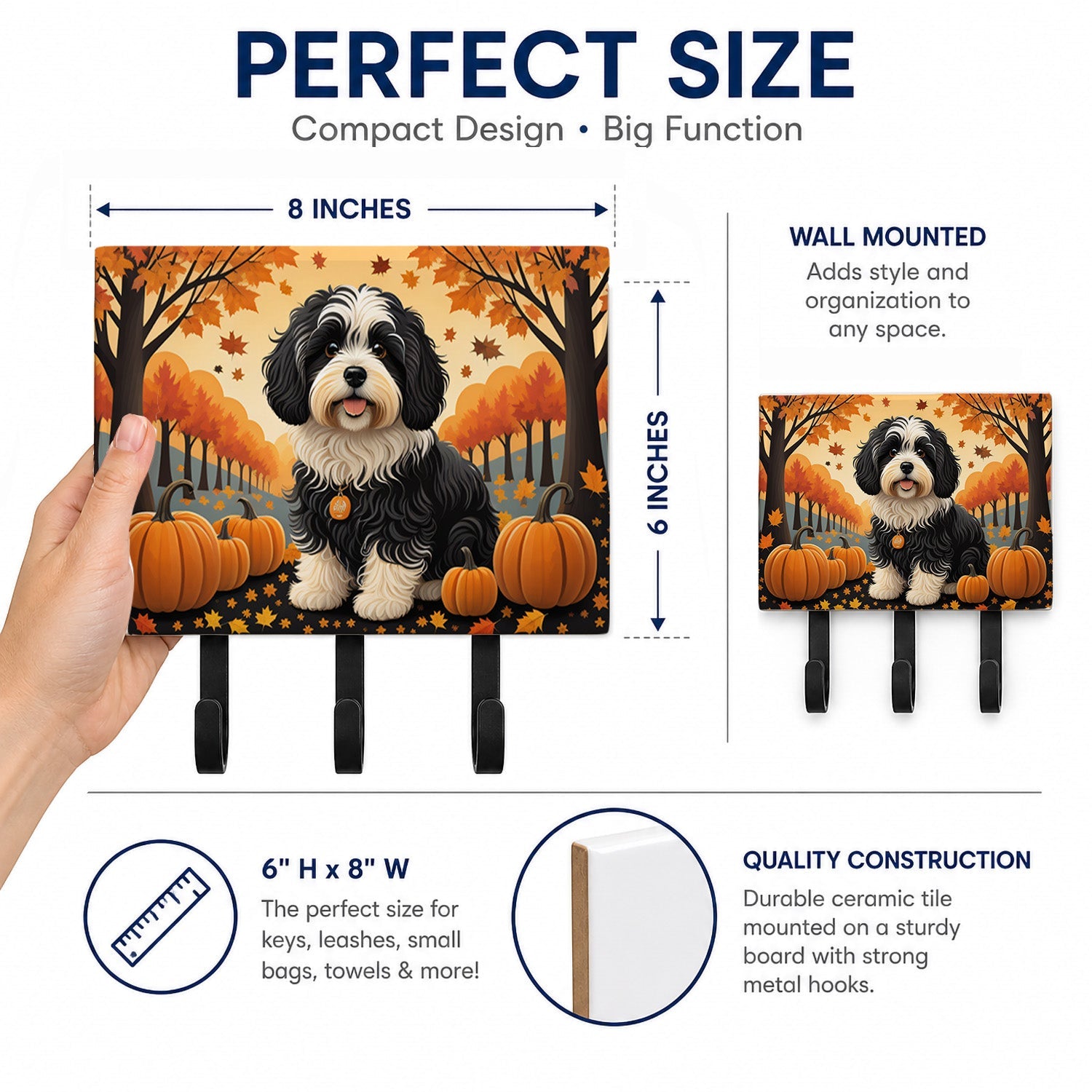 Havanese Fall Leash or Key Holder Wall Hooks, Coat Rack Wall Mount, for Hanging Keys, Towels, Aprons, Leashes