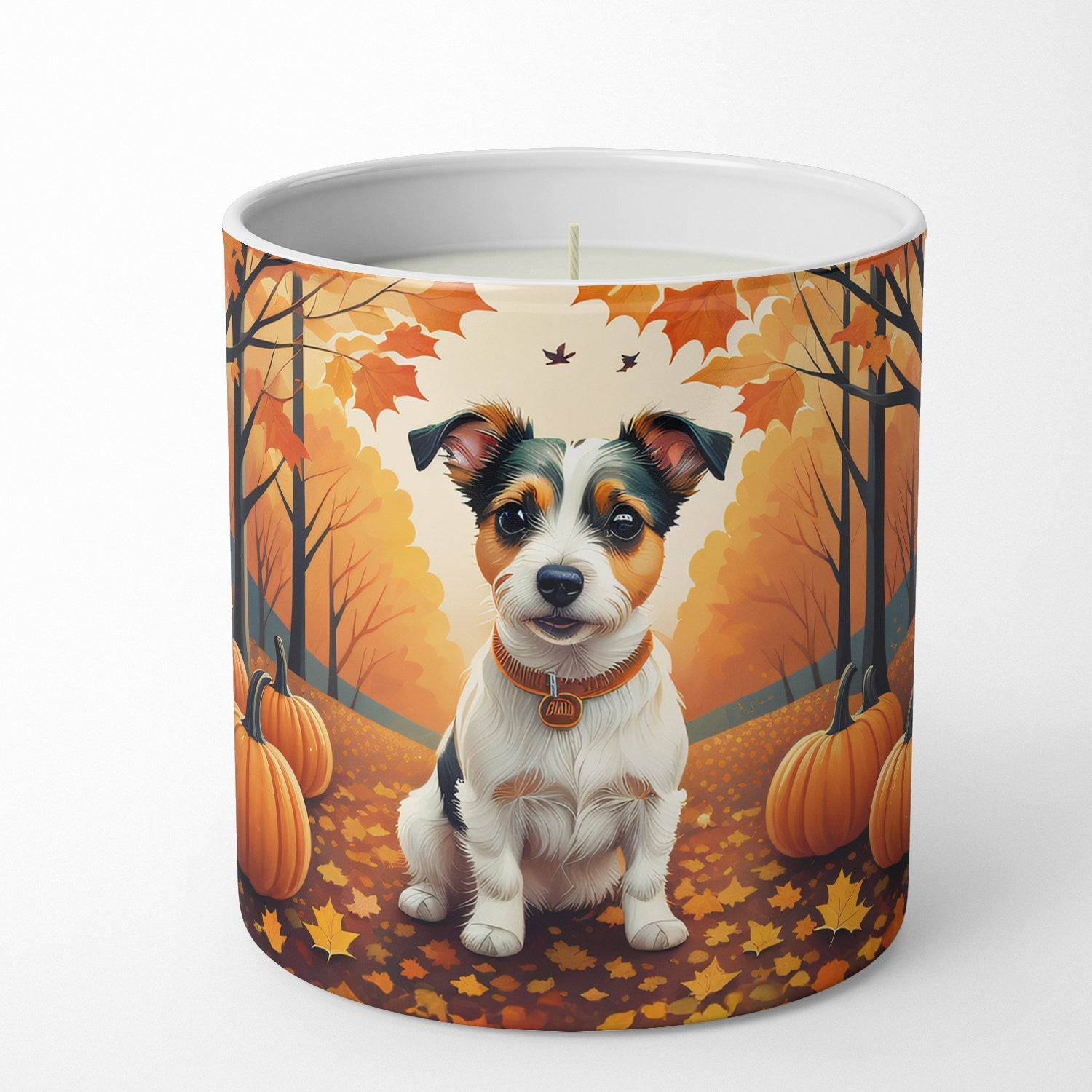 Jack Russell Terrier Fall Decorative Soy Candle Nature Soy Wax Essential Oil Home Decor Ideal for Bedroom Kitchen Bath Office Gift, 10 oz