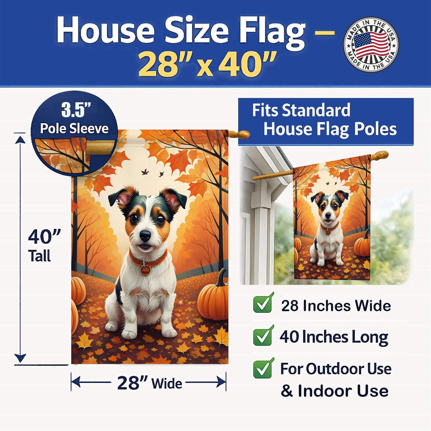 Jack Russell Terrier Fall House Flag 28x40 Porch Sleeve Pole Decorative Outside Yard Banner Artwork Wall Hanging, Polyester
