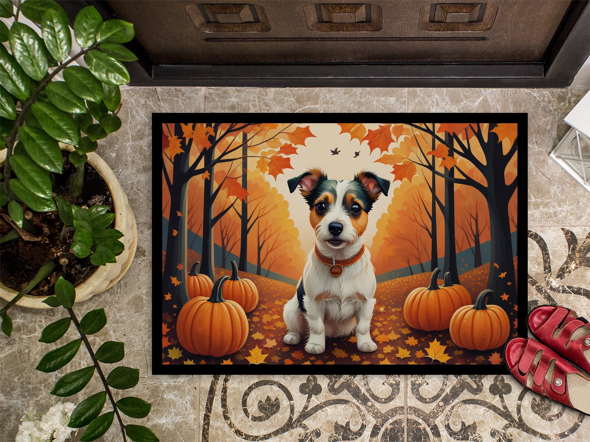 Jack Russell Terrier Fall Doormat Indoor Outdoor 24H X 36W Front Door Mat Rugs for Entryway, Non Slip Washable Low Pile,
