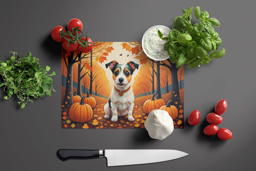 Jack Russell Terrier Fall Cutting Board Tempered Glass Kitchen Cutting Surface, Heat Resistant Chopping, Non-Slip Feet, Food Prep & Serving