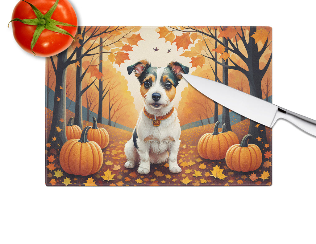 Jack Russell Terrier Fall Cutting Board Tempered Glass Kitchen Cutting Surface, Heat Resistant Chopping, Non-Slip Feet, Food Prep & Serving