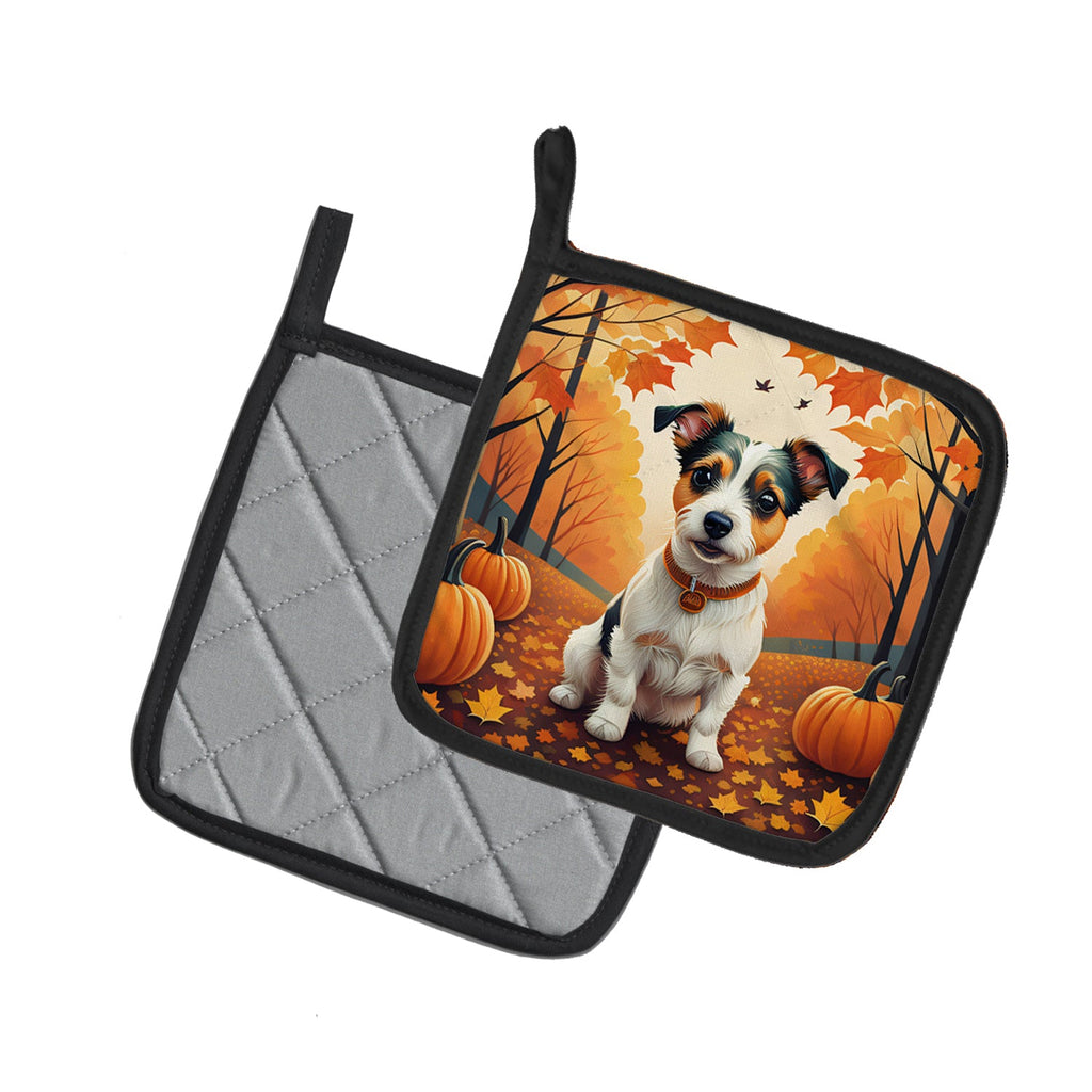 Jack Russell Terrier Fall Pot Holder Set of 2 Heat Resistant Quilted Hot Pads 7.5 x 7.5 Inch, Insulated Kitchen Trivets for Cooking & Baking