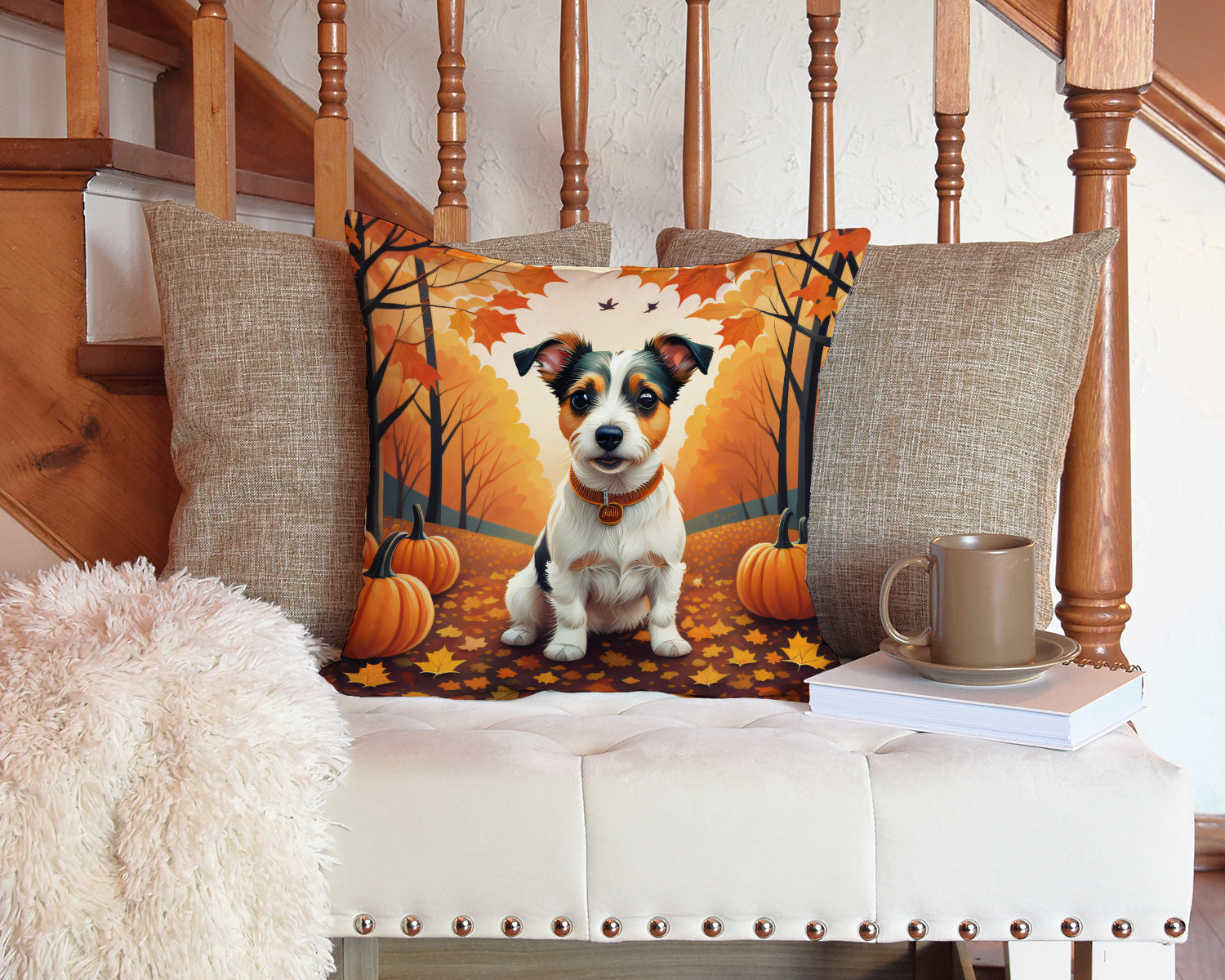 Jack Russell Terrier Fall Decorative Throw Pillow 14x14 Indoor Outdoor Accent Cushion, Fabric Cover with Insert for Sofa, Bed, Porch & Living Room