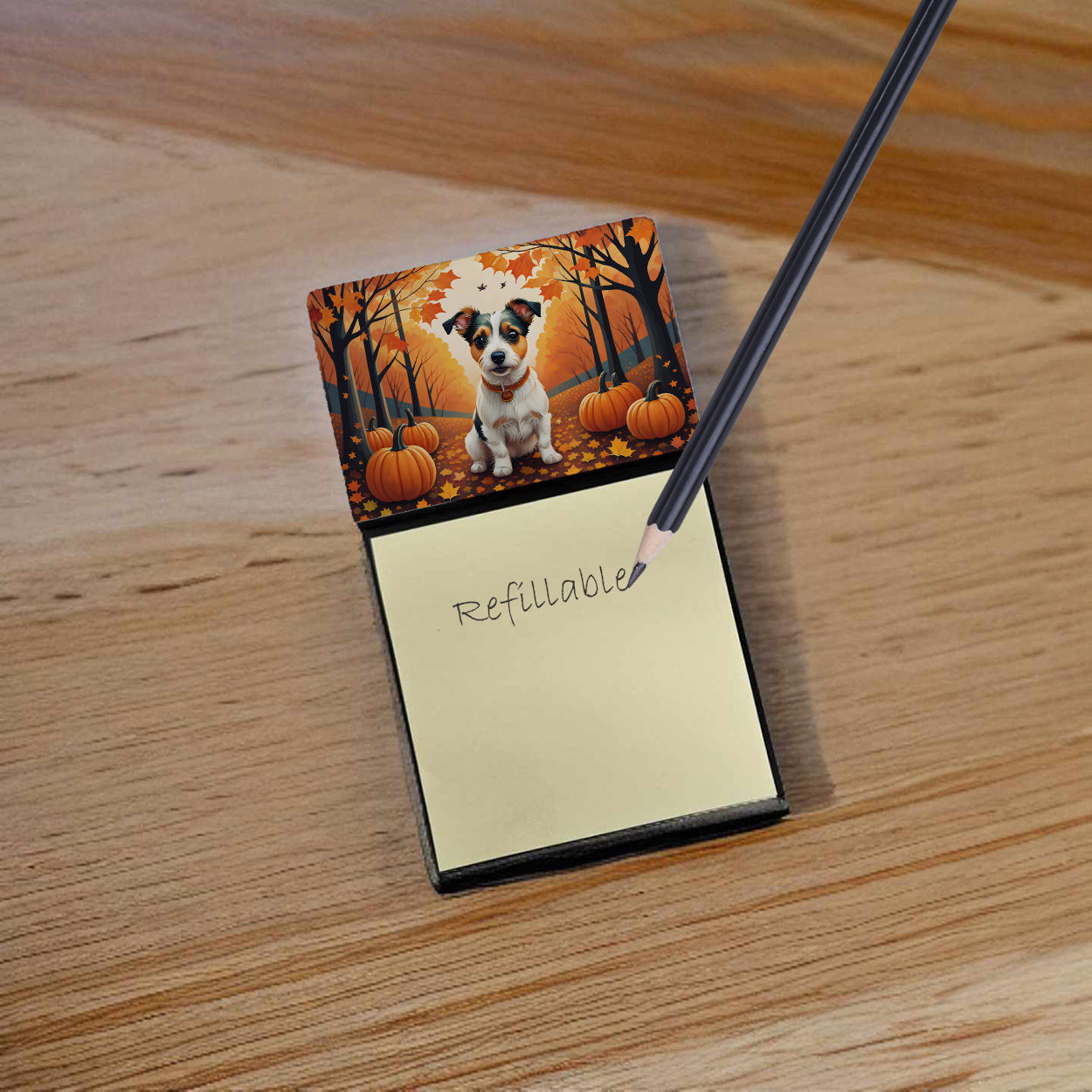Jack Russell Terrier Fall Watercolor Sticky Note Holder Refillable Dispenser Desk Accessory 3x3 Pad Gift