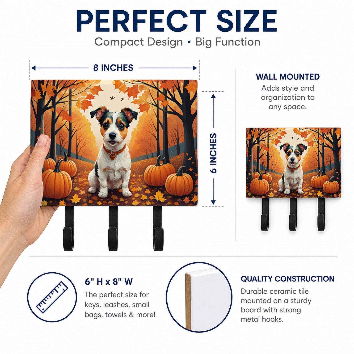 Jack Russell Terrier Fall Leash or Key Holder Wall Hooks, Coat Rack Wall Mount, for Hanging Keys, Towels, Aprons, Leashes