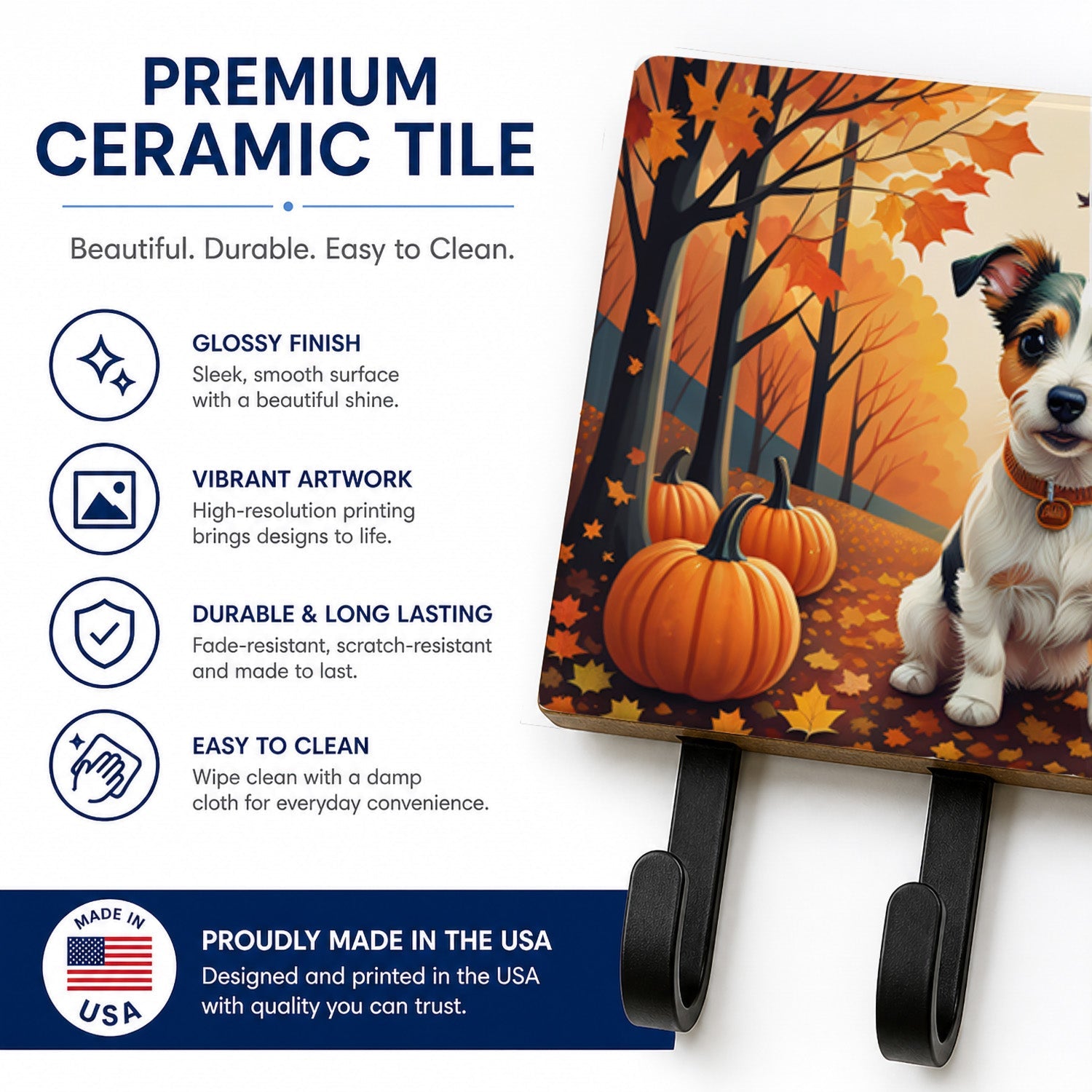 Jack Russell Terrier Fall Leash or Key Holder Wall Hooks, Coat Rack Wall Mount, for Hanging Keys, Towels, Aprons, Leashes