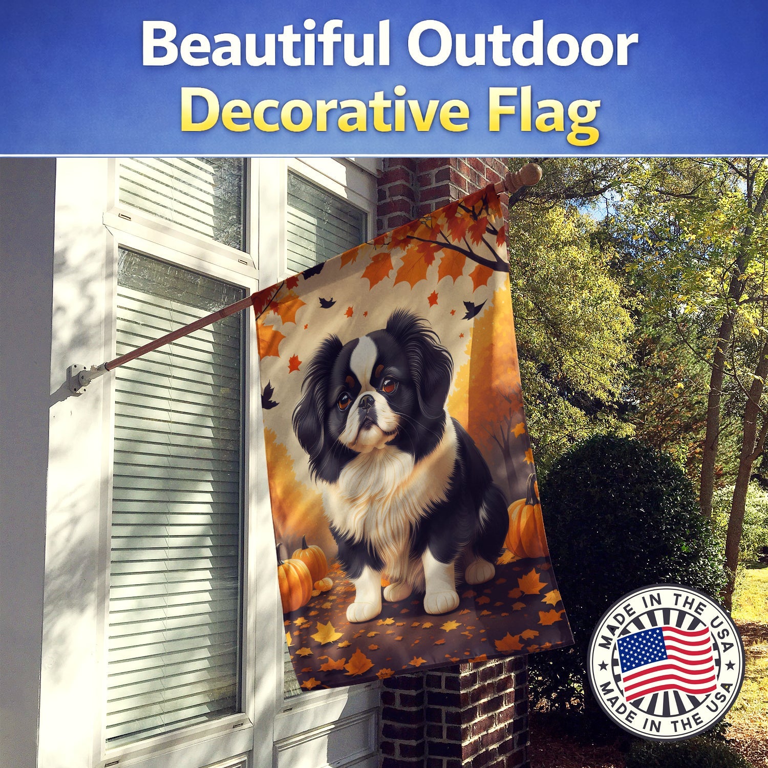 Japanese Chin Fall House Flag 28x40 Porch Sleeve Pole Decorative Outside Yard Banner Artwork Wall Hanging, Polyester