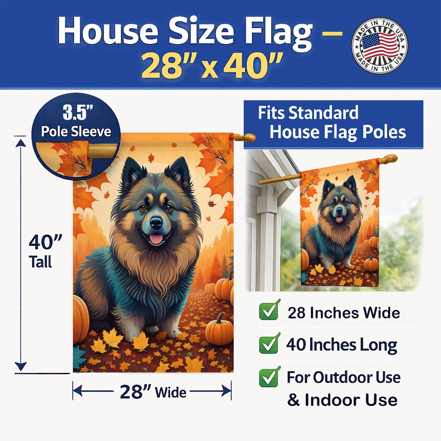 Keeshond Fall House Flag 28x40 Porch Sleeve Pole Decorative Outside Yard Banner Artwork Wall Hanging, Polyester