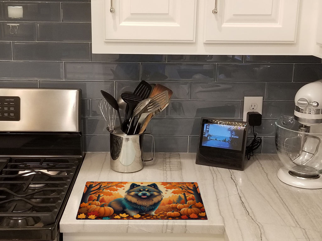 Keeshond Fall Cutting Board Tempered Glass Kitchen Cutting Surface, Heat Resistant Chopping, Non-Slip Feet, Food Prep & Serving