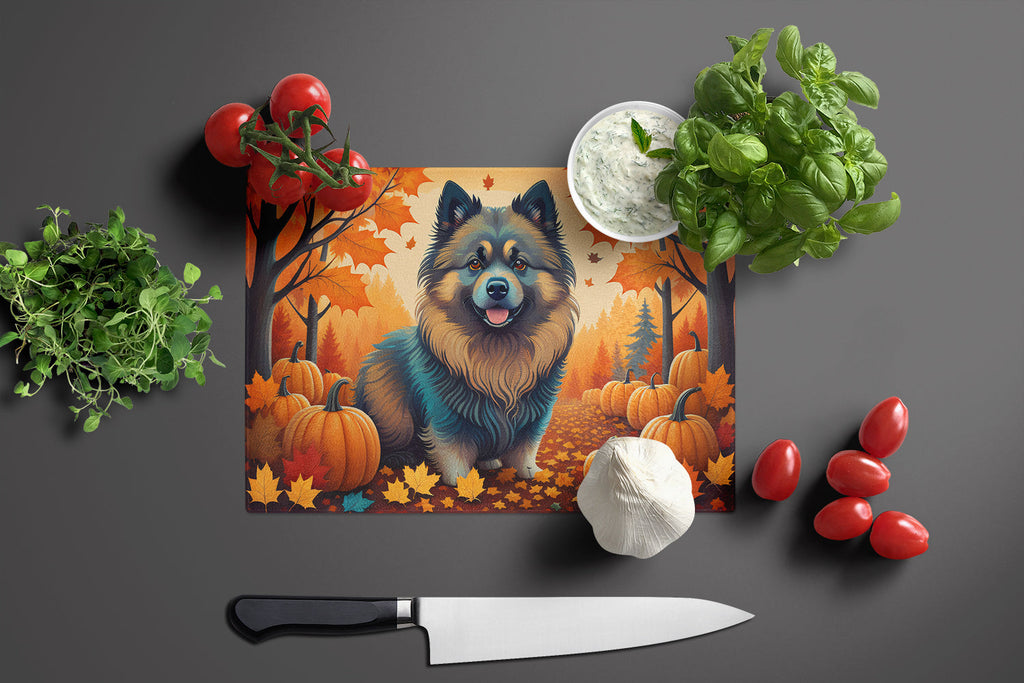 Keeshond Fall Cutting Board Tempered Glass Kitchen Cutting Surface, Heat Resistant Chopping, Non-Slip Feet, Food Prep & Serving