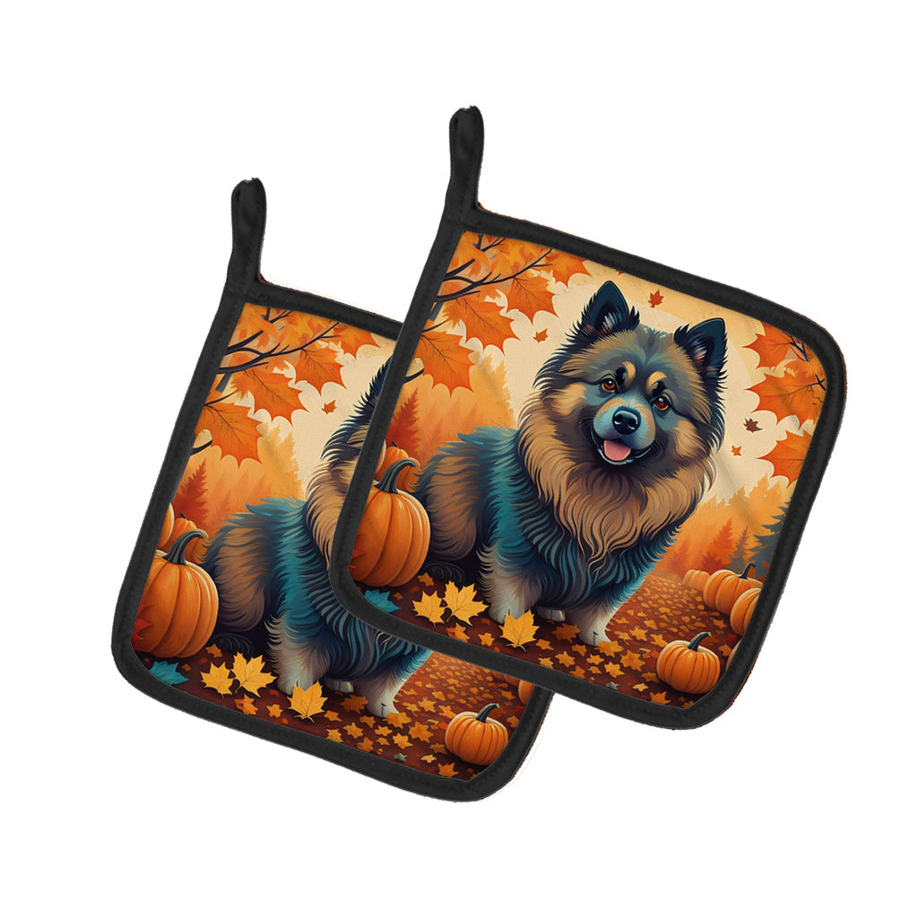 Keeshond Fall Pot Holder Set of 2 Heat Resistant Quilted Hot Pads 7.5 x 7.5 Inch, Insulated Kitchen Trivets for Cooking & Baking