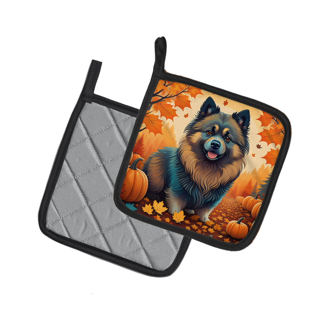 Keeshond Fall Pot Holder Set of 2 Heat Resistant Quilted Hot Pads 7.5 x 7.5 Inch, Insulated Kitchen Trivets for Cooking & Baking
