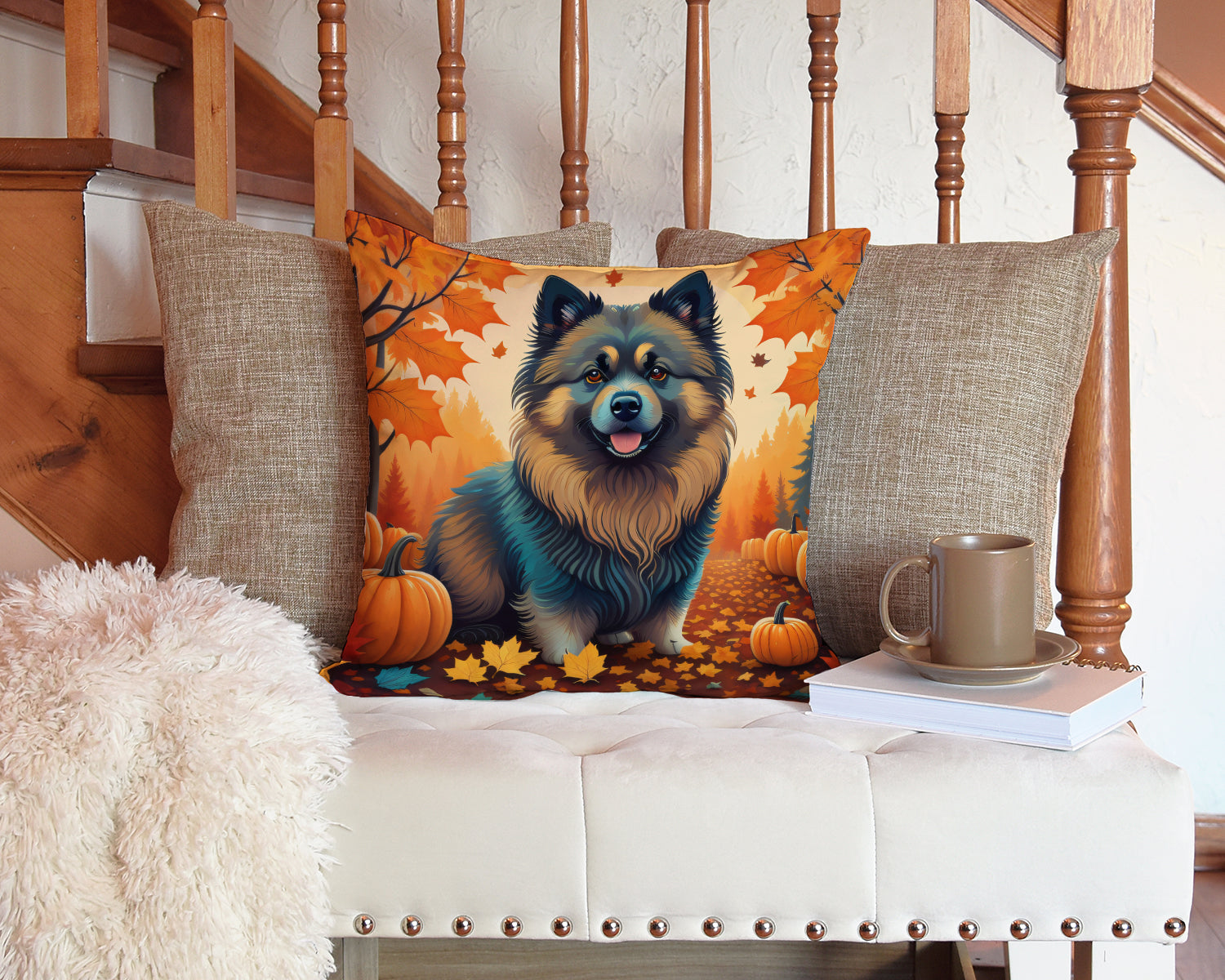 Keeshond Fall Decorative Throw Pillow 14x14 Indoor Outdoor Accent Cushion, Fabric Cover with Insert for Sofa, Bed, Porch & Living Room