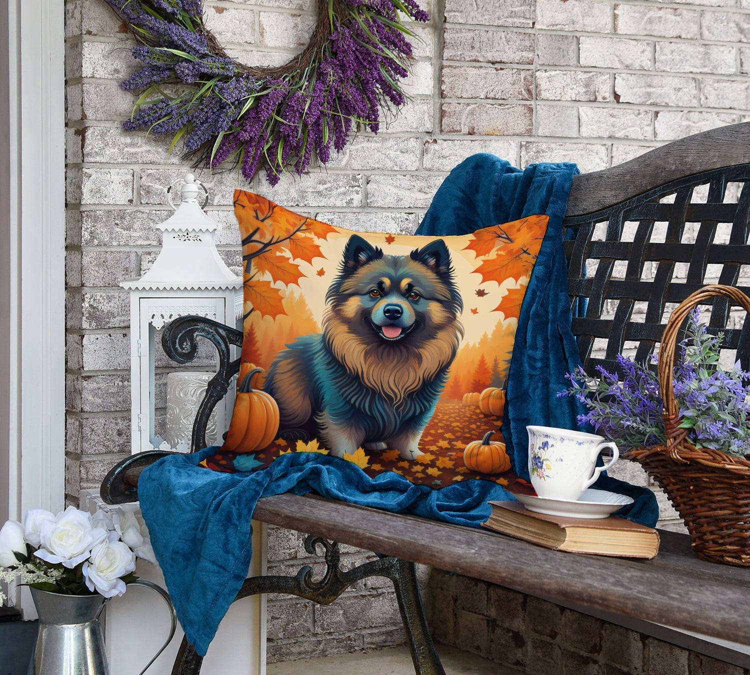 Keeshond Fall Decorative Throw Pillow 18x18 Indoor Outdoor Accent Cushion, Fabric Cover with Insert for Sofa, Bed, Porch & Living Room