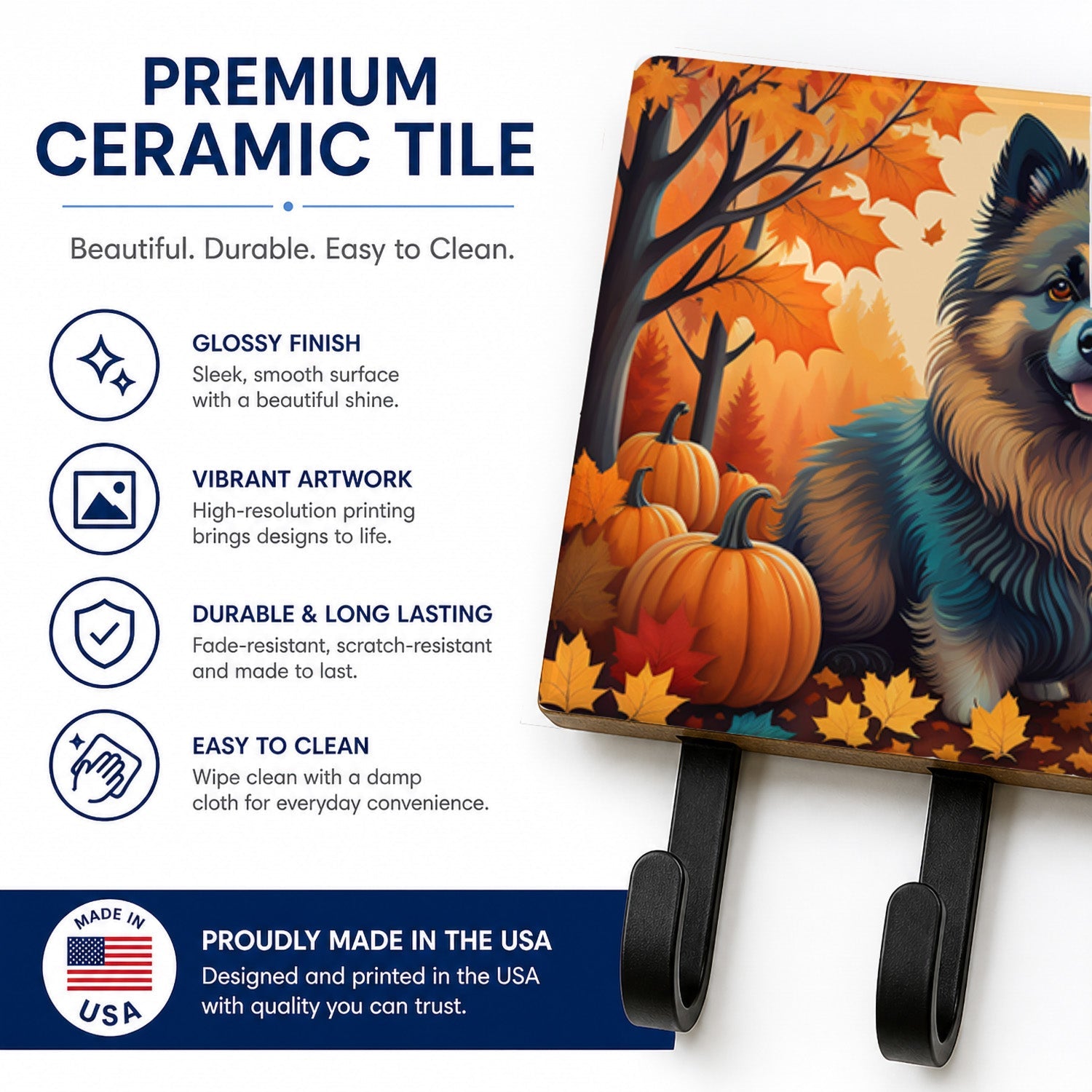 Keeshond Fall Leash or Key Holder Wall Hooks, Coat Rack Wall Mount, for Hanging Keys, Towels, Aprons, Leashes