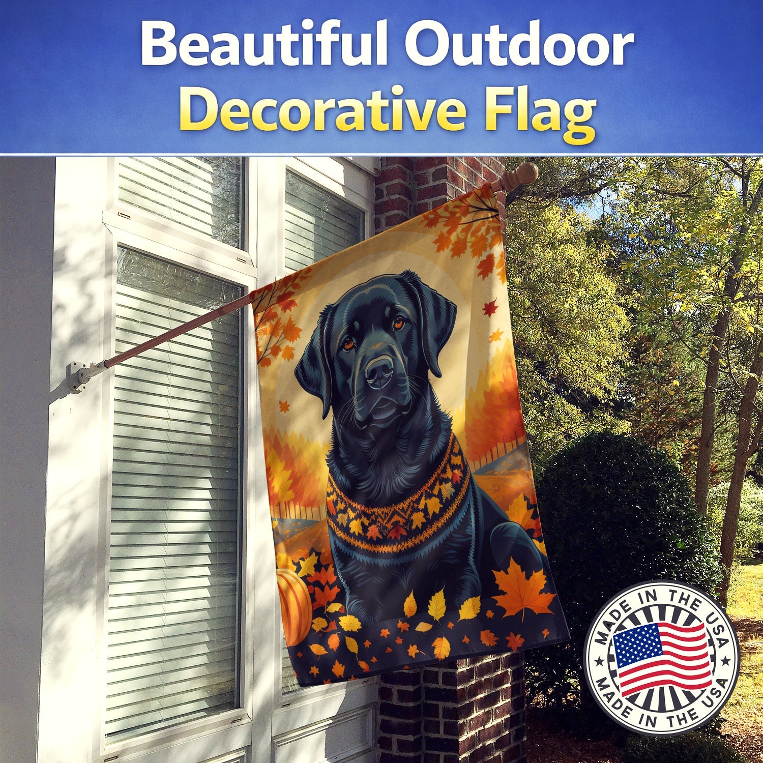 Black Labrador Retriever Fall House Flag 28x40 Porch Sleeve Pole Decorative Outside Yard Banner Artwork Wall Hanging, Polyester