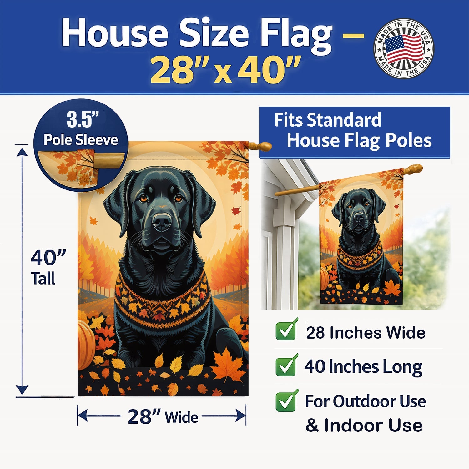 Black Labrador Retriever Fall House Flag 28x40 Porch Sleeve Pole Decorative Outside Yard Banner Artwork Wall Hanging, Polyester