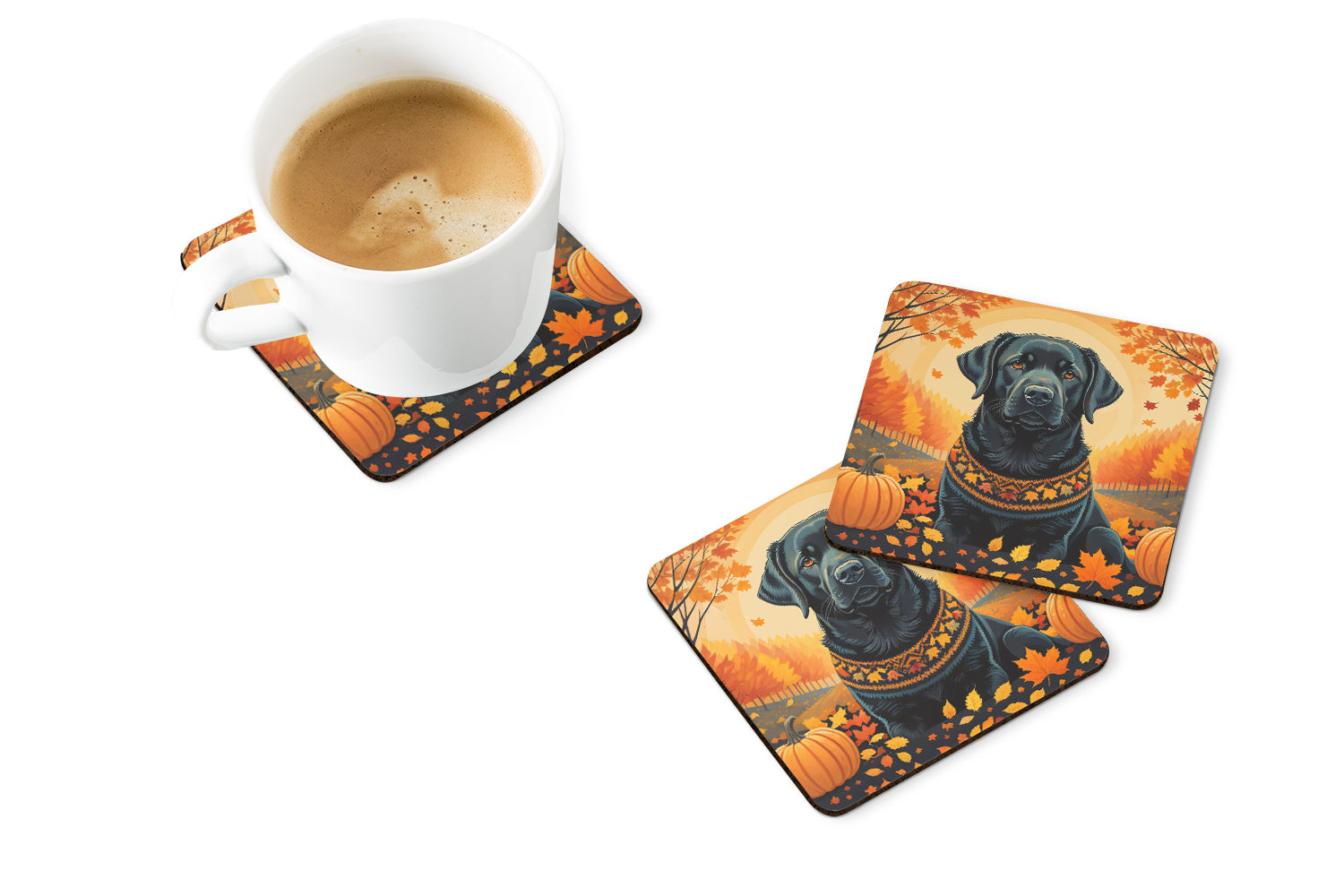 Black Labrador Retriever Fall Foam Coasters Set of 4 Cup Coasters for Indoor Outdoor, Tabletop Protection, Anti Slip, Mouse pad Material