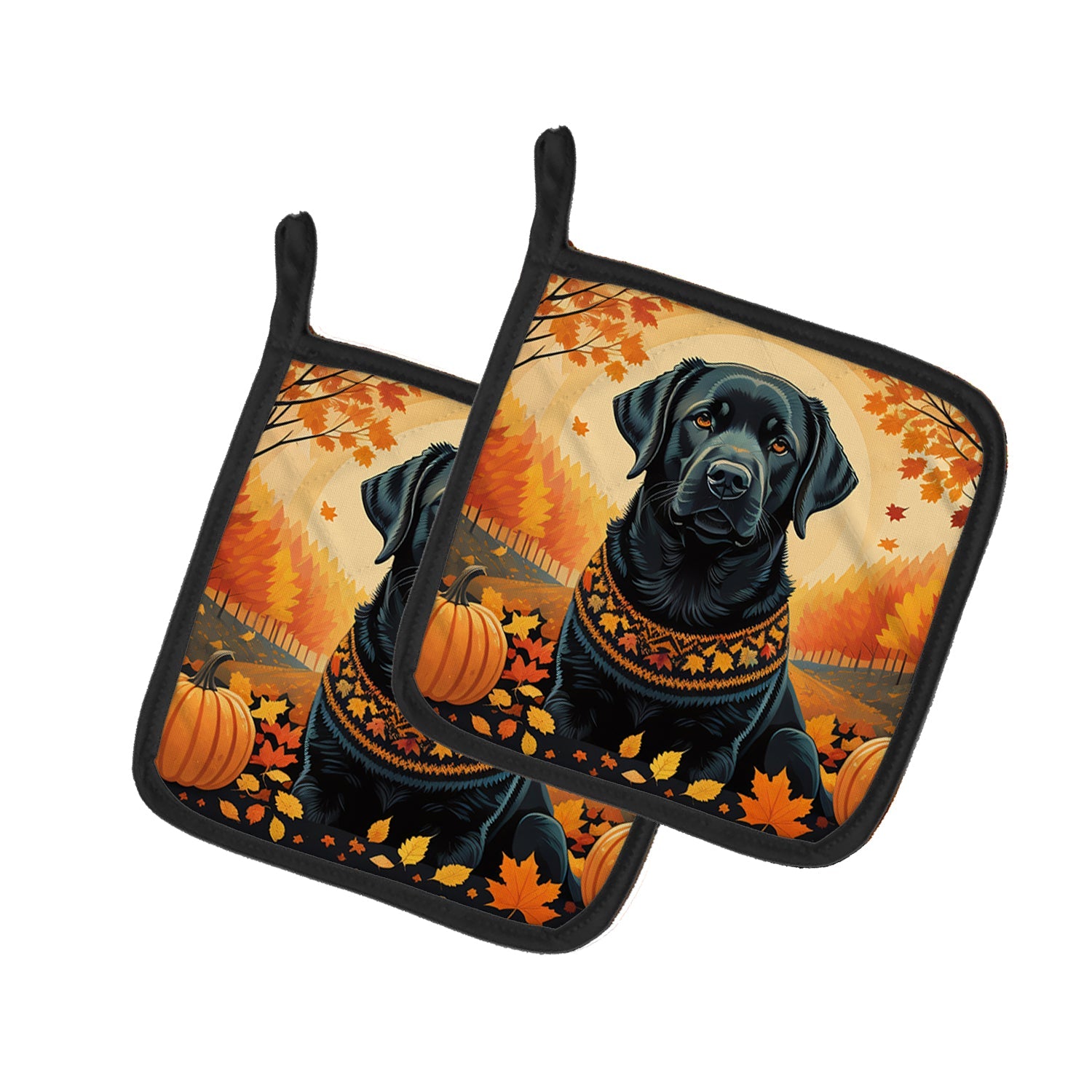 Black Labrador Retriever Fall Pot Holder Set of 2 Heat Resistant Quilted Hot Pads 7.5 x 7.5 Inch, Insulated Kitchen Trivets for Cooking & Baking