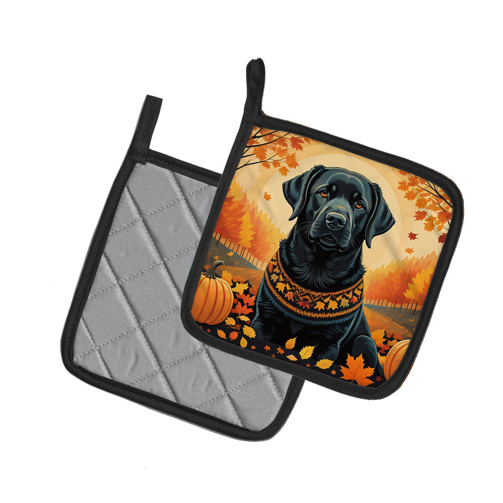 Black Labrador Retriever Fall Pot Holder Set of 2 Heat Resistant Quilted Hot Pads 7.5 x 7.5 Inch, Insulated Kitchen Trivets for Cooking & Baking