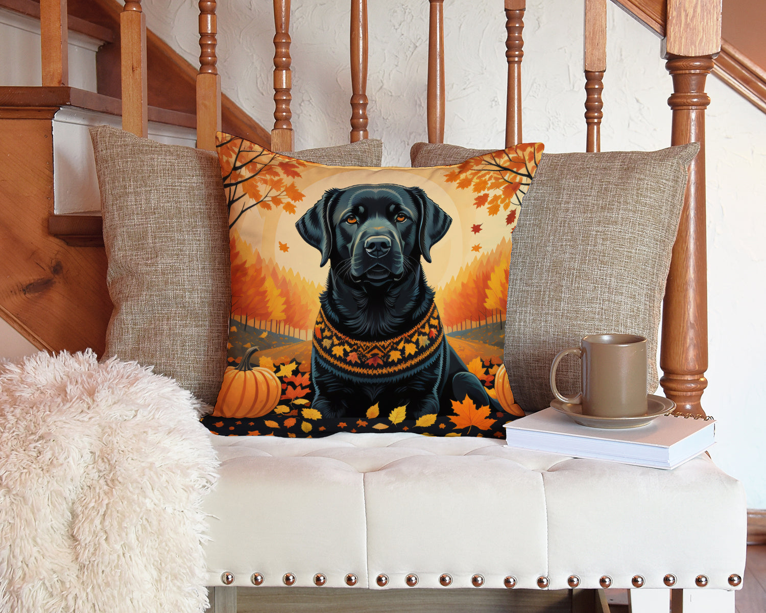 Black Labrador Retriever Fall Decorative Throw Pillow 14x14 Indoor Outdoor Accent Cushion, Fabric Cover with Insert for Sofa, Bed, Porch & Living Room