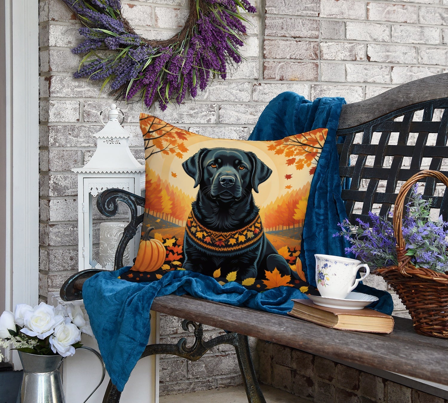 Black Labrador Retriever Fall Decorative Throw Pillow 18x18 Indoor Outdoor Accent Cushion, Fabric Cover with Insert for Sofa, Bed, Porch & Living Room