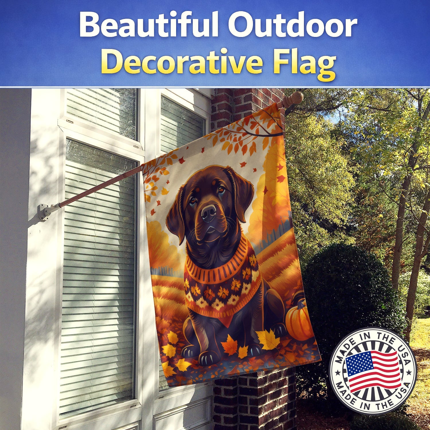 Chocolate Labrador Retriever Fall House Flag 28x40 Porch Sleeve Pole Decorative Outside Yard Banner Artwork Wall Hanging, Polyester