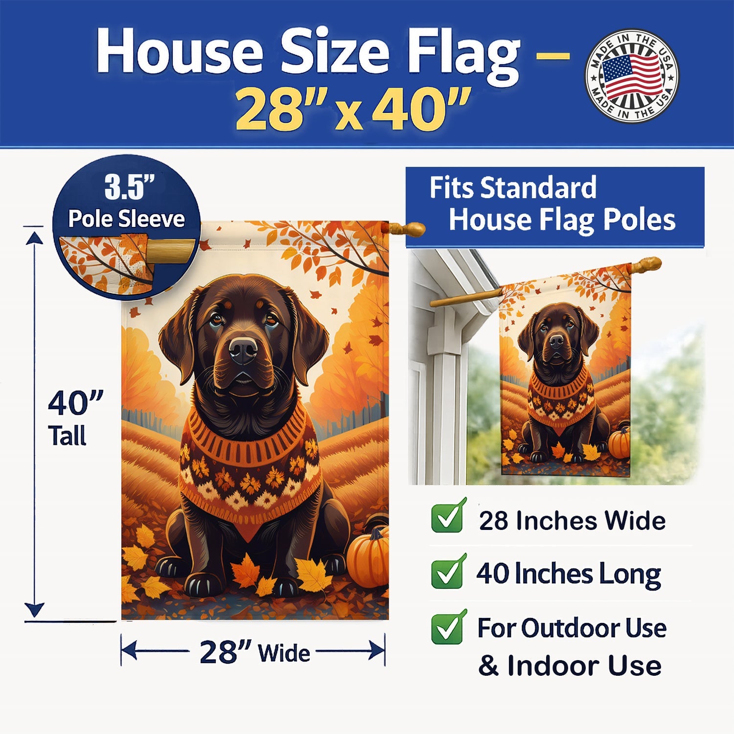 Chocolate Labrador Retriever Fall House Flag 28x40 Porch Sleeve Pole Decorative Outside Yard Banner Artwork Wall Hanging, Polyester