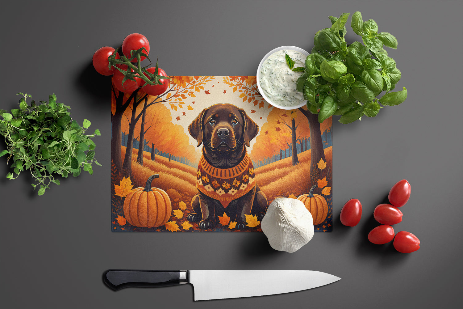 Chocolate Labrador Retriever Fall Cutting Board Tempered Glass Kitchen Cutting Surface, Heat Resistant Chopping, Non-Slip Feet, Food Prep & Serving